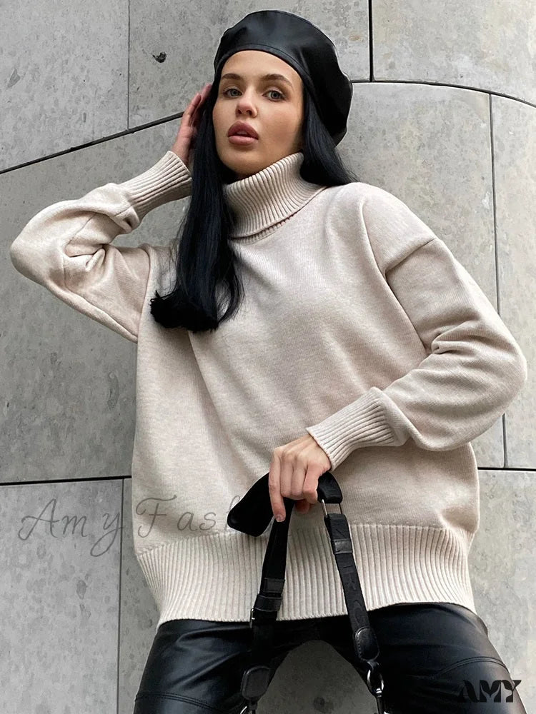 Women’s Thick Oversize Winter Warm White Pullovers High Neck Oversized Sweater