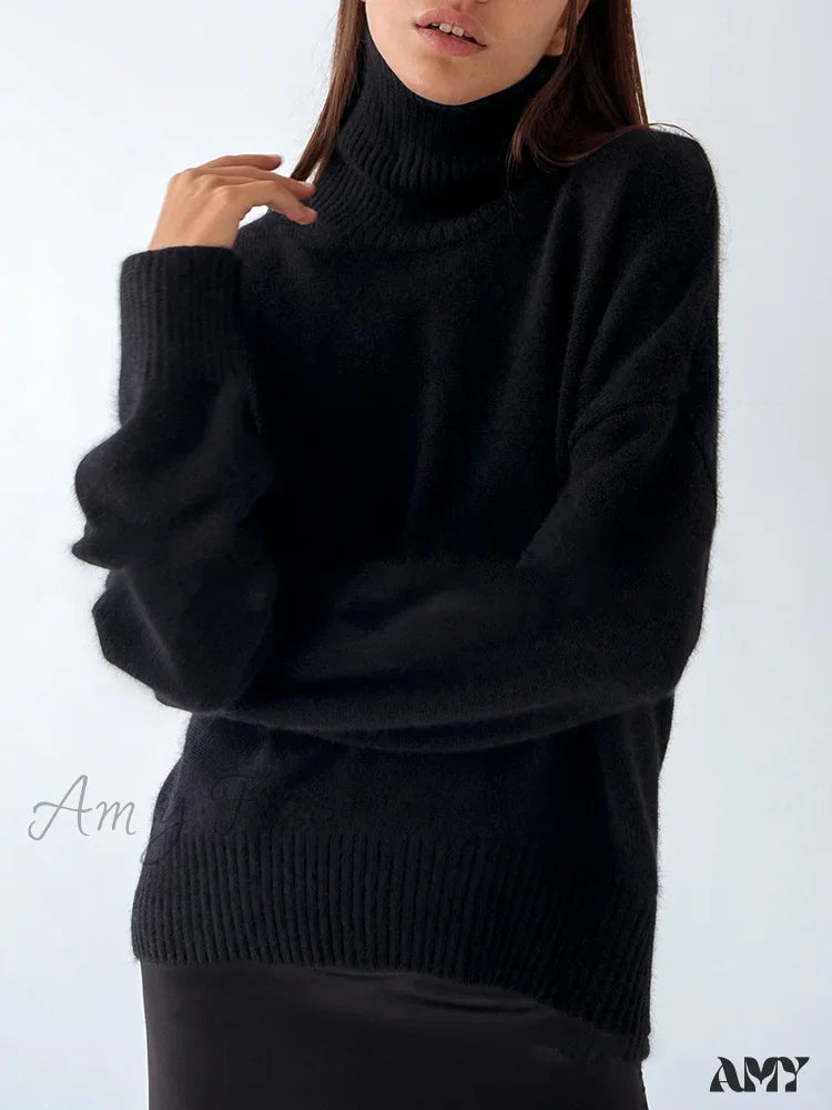 Women’s Thick Oversize Winter Warm White Pullovers High Neck Oversized Sweater Black / S