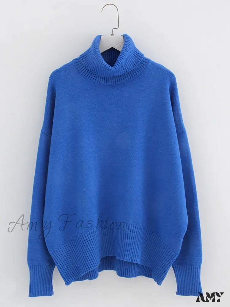 Women’s Thick Oversize Winter Warm White Pullovers High Neck Oversized Sweater Blue / S