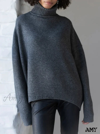 Women’s Thick Oversize Winter Warm White Pullovers High Neck Oversized Sweater Dark Gray / S