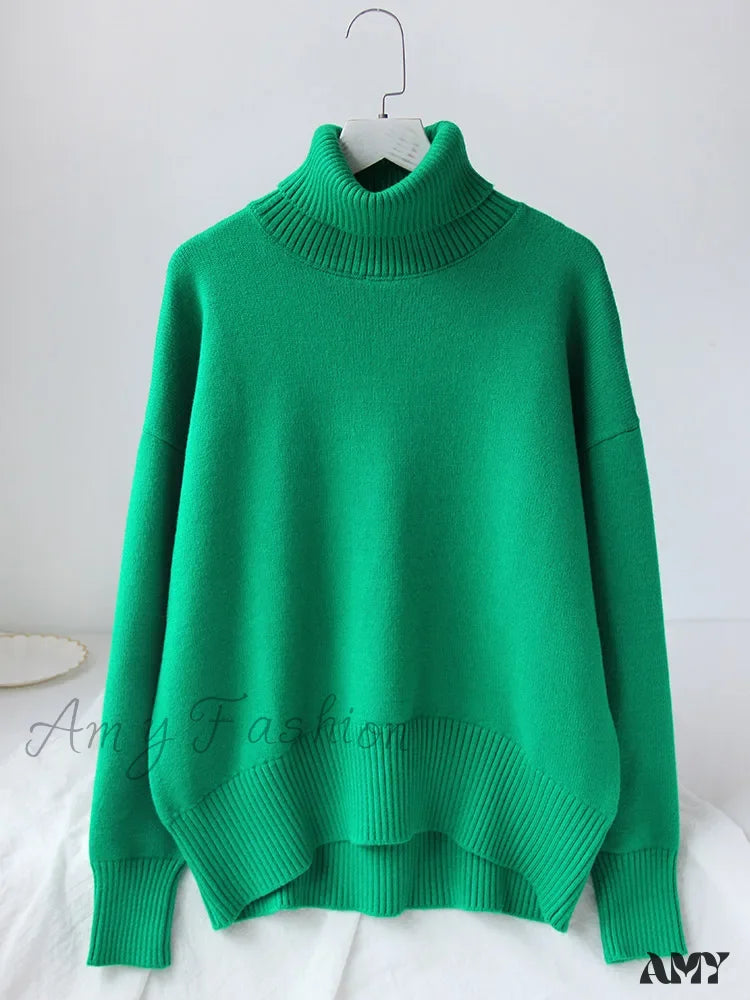 Women’s Thick Oversize Winter Warm White Pullovers High Neck Oversized Sweater Green / S