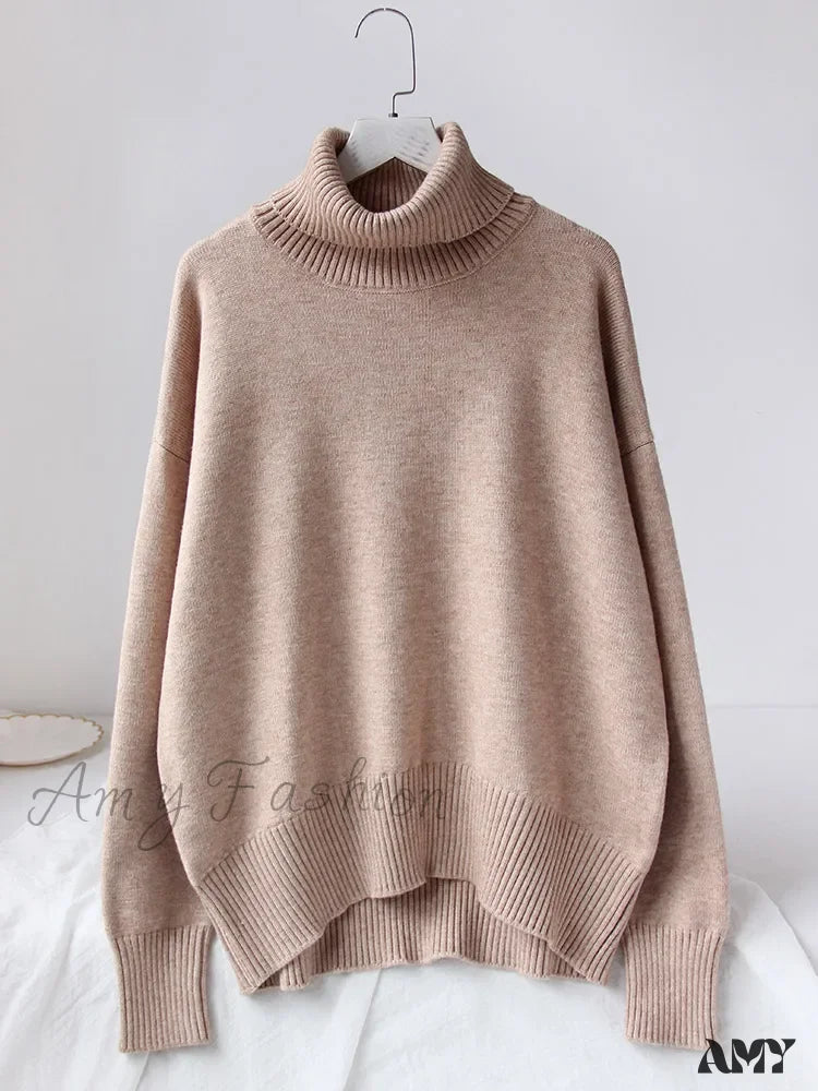 Women’s Thick Oversize Winter Warm White Pullovers High Neck Oversized Sweater Khaki / S