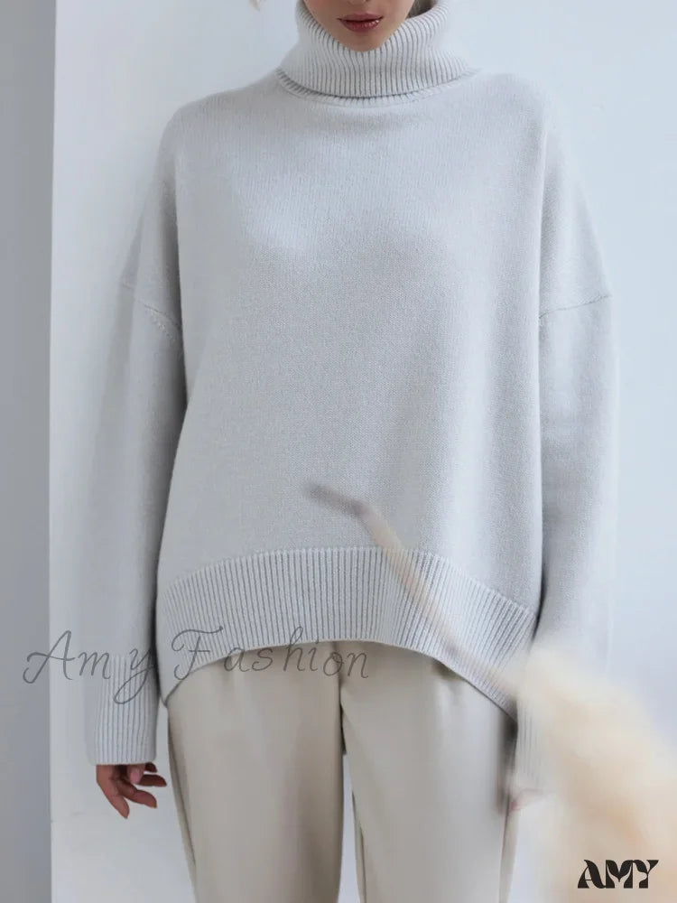 Women’s Thick Oversize Winter Warm White Pullovers High Neck Oversized Sweater Light Gray / S