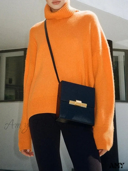 Women’s Thick Oversize Winter Warm White Pullovers High Neck Oversized Sweater Orange / S