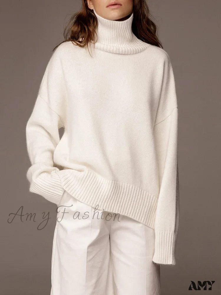 Women’s Thick Oversize Winter Warm White Pullovers High Neck Oversized Sweater White / S