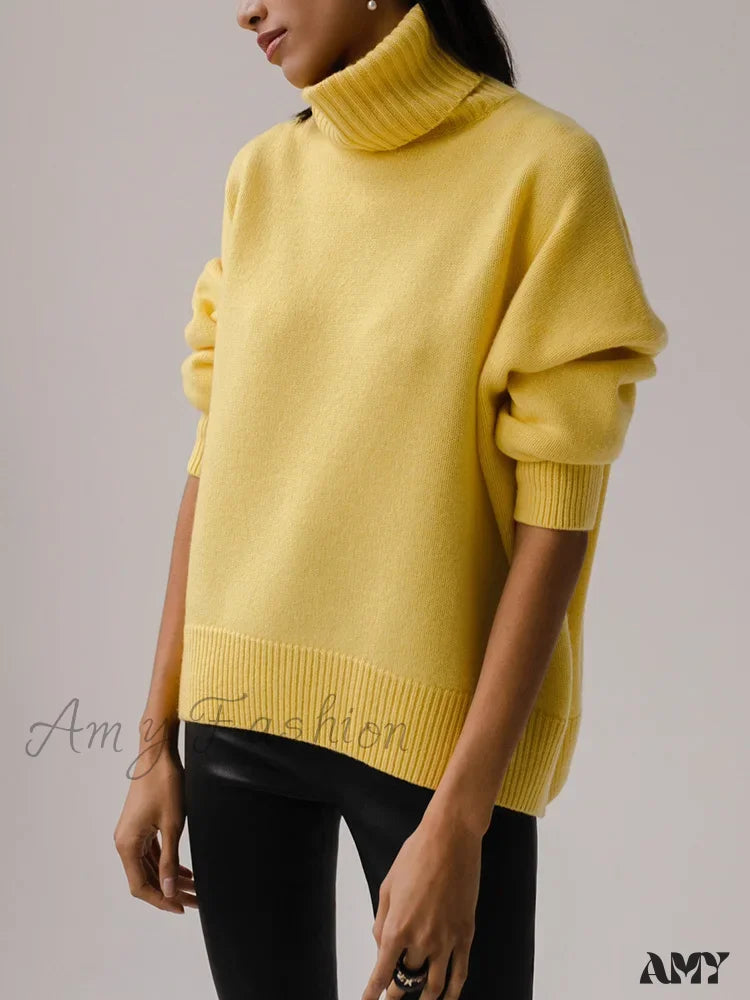 Women’s Thick Oversize Winter Warm White Pullovers High Neck Oversized Sweater Yellow / S