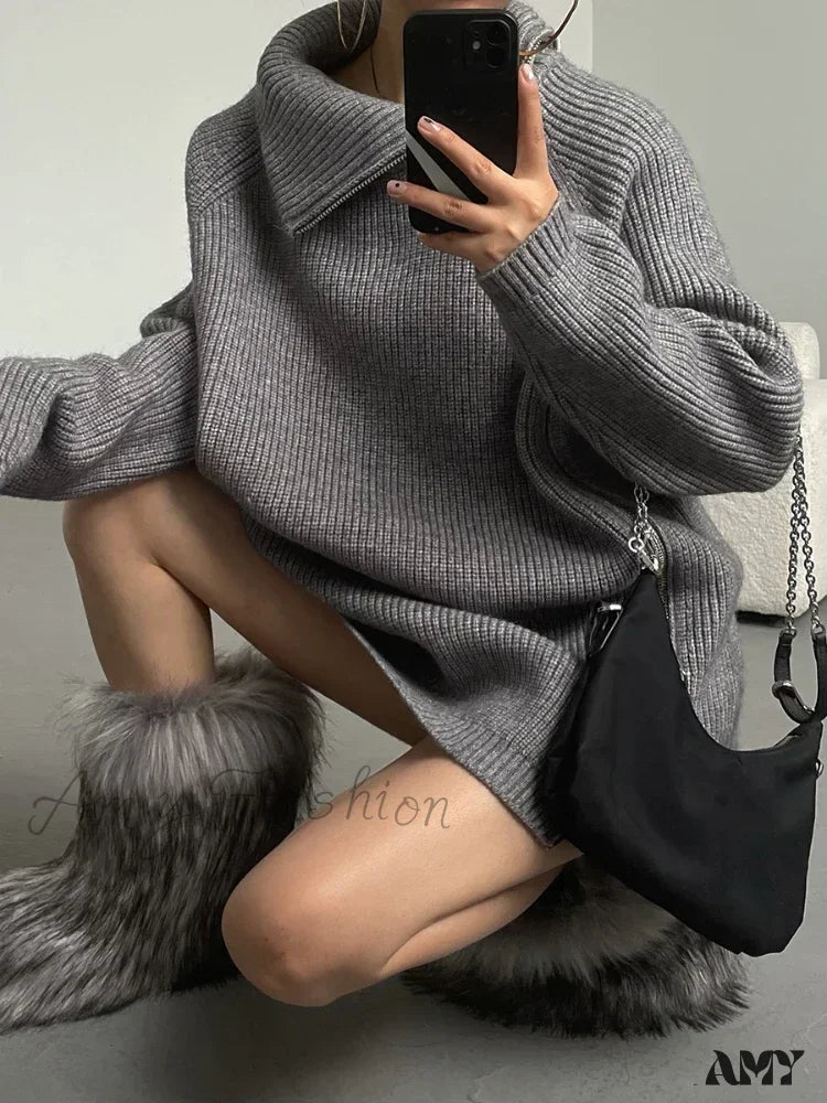 Women’s Zipper Oversize Fashion Women 2024 Autumn Knitwear Loose Thick Warm High Neck Cozy Sweater