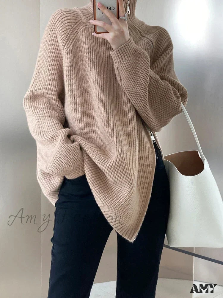 Women’s Zipper Oversize Fashion Women 2024 Autumn Knitwear Loose Thick Warm High Neck Cozy Sweater