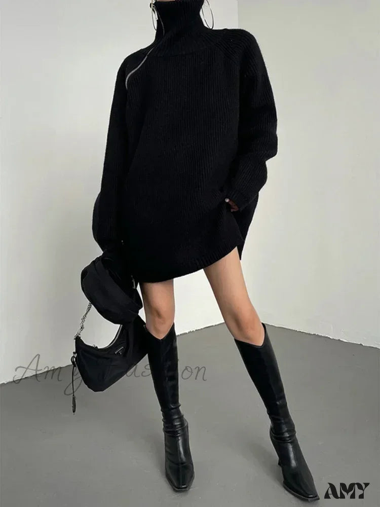 Women’s Zipper Oversize Fashion Women 2024 Autumn Knitwear Loose Thick Warm High Neck Cozy Sweater