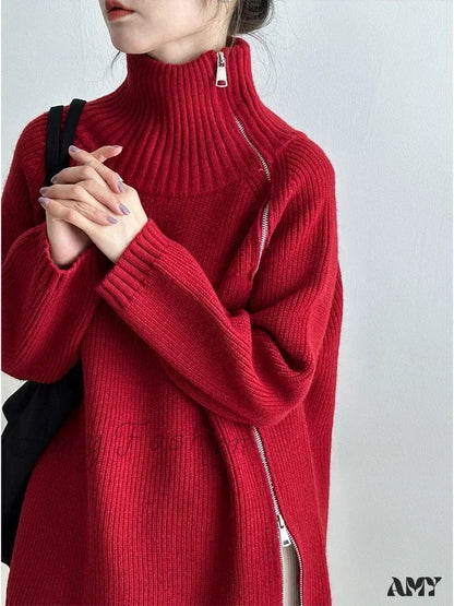 Women’s Zipper Oversize Fashion Women 2024 Autumn Knitwear Loose Thick Warm High Neck Cozy Sweater