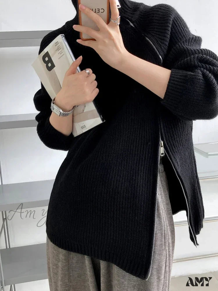 Women’s Zipper Oversize Fashion Women 2024 Autumn Knitwear Loose Thick Warm High Neck Cozy