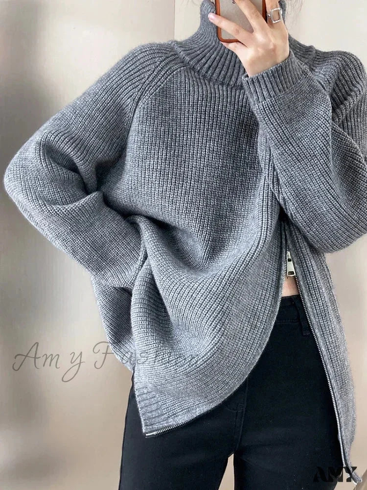 Women’s Zipper Oversize Fashion Women 2024 Autumn Knitwear Loose Thick Warm High Neck Cozy