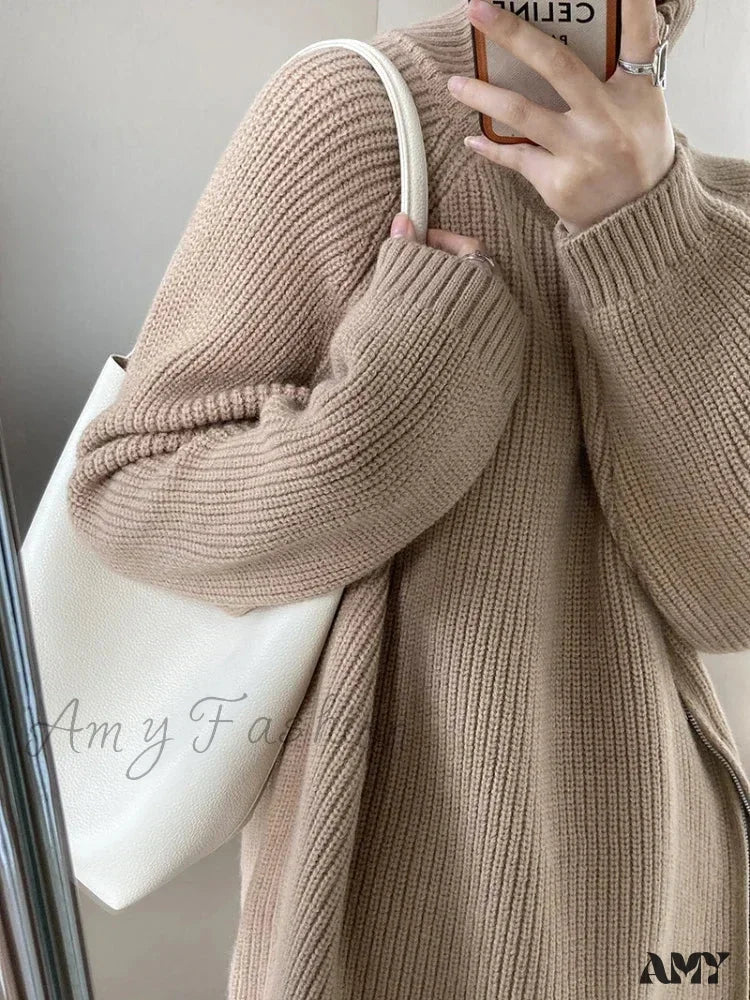 Women’s Zipper Oversize Fashion Women 2024 Autumn Knitwear Loose Thick Warm High Neck Cozy