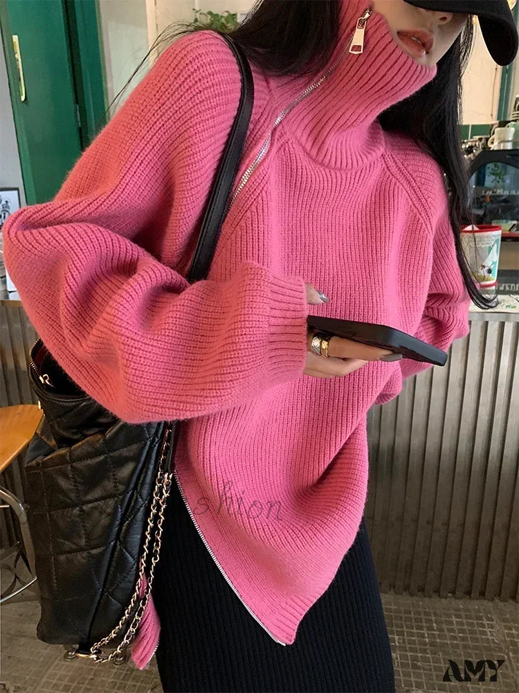 Women’s Zipper Oversize Fashion Women 2024 Autumn Knitwear Loose Thick Warm High Neck Cozy