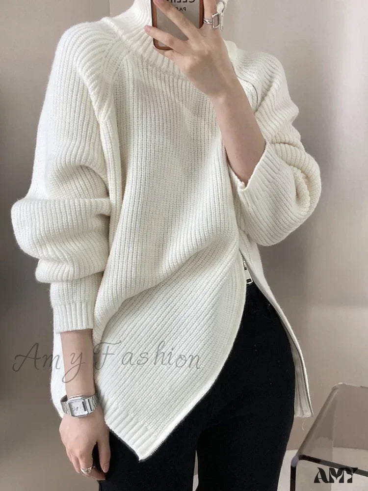 Women’s Zipper Oversize Fashion Women 2024 Autumn Knitwear Loose Thick Warm High Neck Cozy