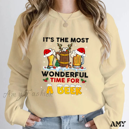 Wonderful Time Beer Autumn Winter Casual Hoodless Pullover Christmas Hoodie Khaki / S