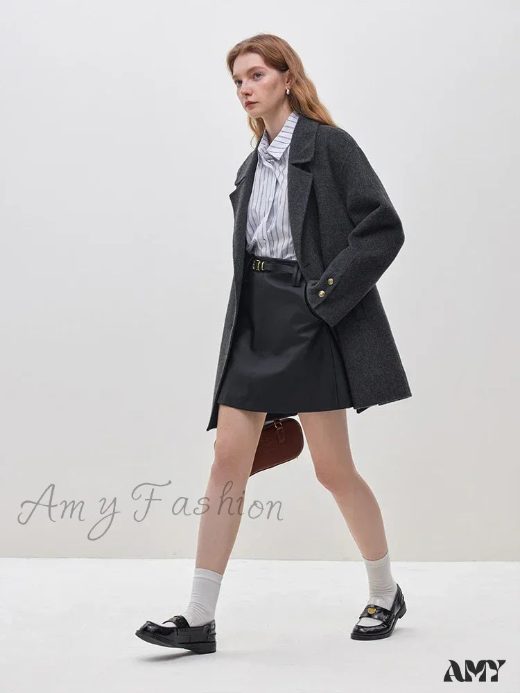 Wool Blazer Style Grey One Hand Long Double Breasted Belt Design Notched Collar Coat Gray / S