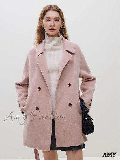 Wool Blazer Style Grey One Hand Long Double Breasted Belt Design Notched Collar Coat Pink / S