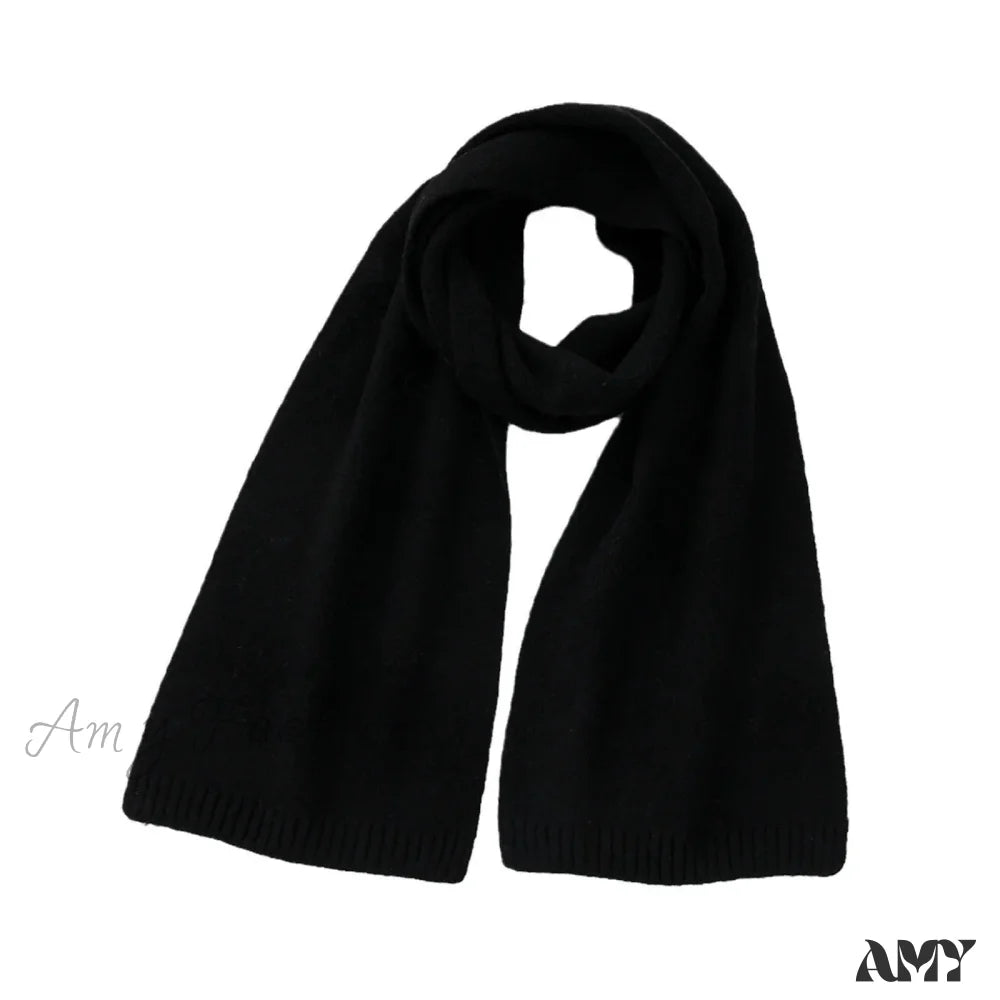 Wool Blend Solid Knitted Minimalist Imitation Cashmere Scarf Black / L183Cm W25Cm