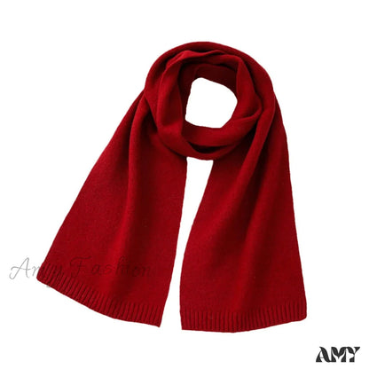 Wool Blend Solid Knitted Minimalist Imitation Cashmere Scarf Bright Red / L183Cm W25Cm