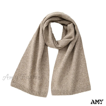 Wool Blend Solid Knitted Minimalist Imitation Cashmere Scarf Deep Khaki / L183Cm W25Cm