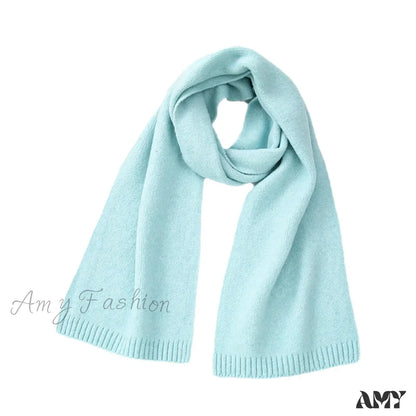 Wool Blend Solid Knitted Minimalist Imitation Cashmere Scarf Light Blue / L183Cm W25Cm