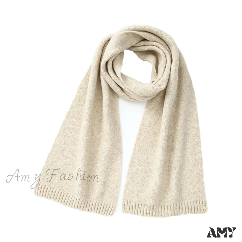 Wool Blend Solid Knitted Minimalist Imitation Cashmere Scarf Light Khaki / L183Cm W25Cm