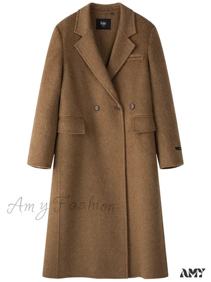 Wool Front Shoulder Temperament Long Notched Collar Double-Sided Female Coat