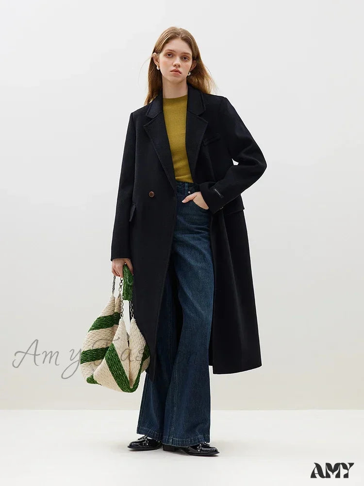 Wool Front Shoulder Temperament Long Notched Collar Double-Sided Female Coat