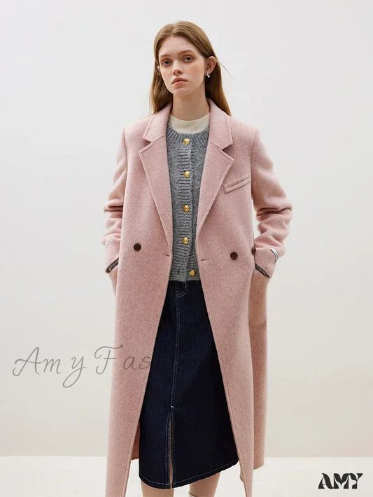 Wool Front Shoulder Temperament Long Notched Collar Double-Sided Female Coat