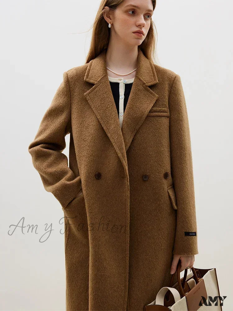 Wool Front Shoulder Temperament Long Notched Collar Double-Sided Female Coat Brown / S