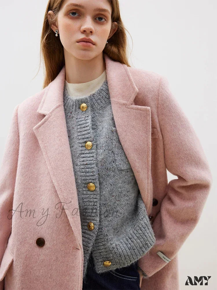 Wool Front Shoulder Temperament Long Notched Collar Double-Sided Female Coat Pink / S