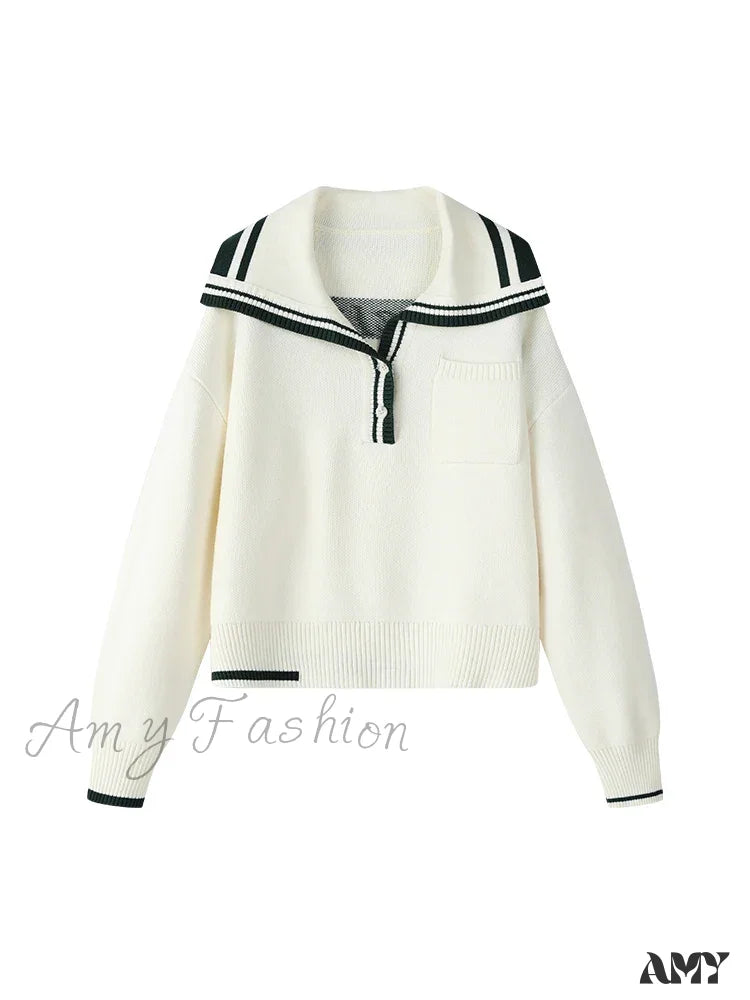 Wool Navy Collar Cropped Knit Casual Drop Sleeve Sweater Beige / M