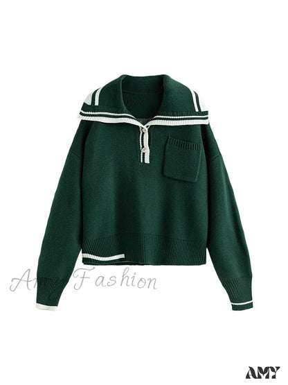 Wool Navy Collar Cropped Knit Casual Drop Sleeve Sweater Green / M