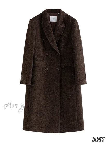 Wool Notched Collar Front Shoulder Coffee Color Double Breasted Long Coat