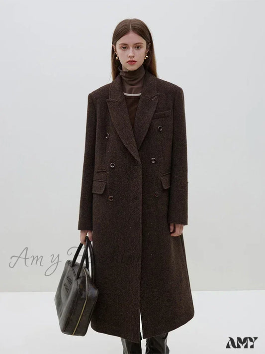 Wool Notched Collar Front Shoulder Coffee Color Double Breasted Long Coat