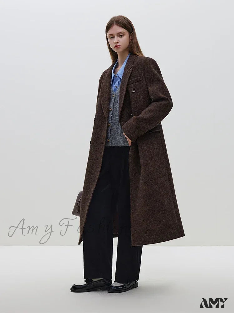 Wool Notched Collar Front Shoulder Coffee Color Double Breasted Long Coat Coffee / S