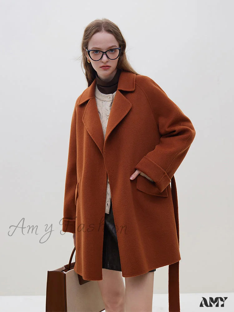 Wool One Hand Length Retro Red Raglan Sleeve Belt Design Mid-Length Coat