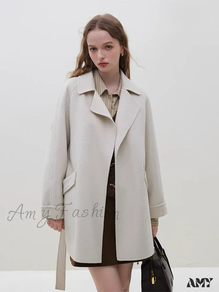 Wool One Hand Length Retro Red Raglan Sleeve Belt Design Mid-Length Coat Beige / S