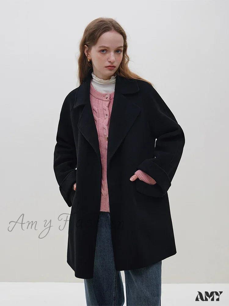 Wool One Hand Length Retro Red Raglan Sleeve Belt Design Mid-Length Coat Black / S