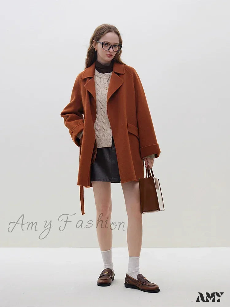 Wool One Hand Length Retro Red Raglan Sleeve Belt Design Mid-Length Coat / S