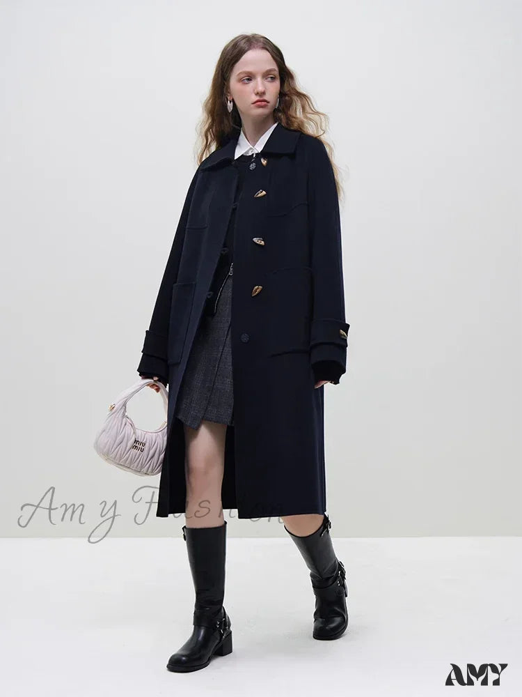 Wool Polo Neck Horn Button Raglan Sleeve Brown Long Office Lady Navy Blue Winter Coat / S