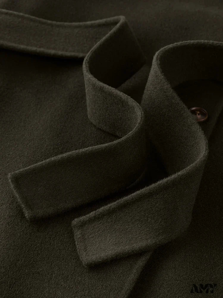 Wool Stand Collar Diagonal Placket Design Double-Breasted Long Dark Green Straight Commuter Black