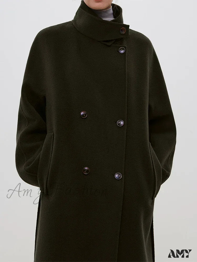 Wool Stand Collar Diagonal Placket Design Double-Breasted Long Dark Green Straight Commuter Black