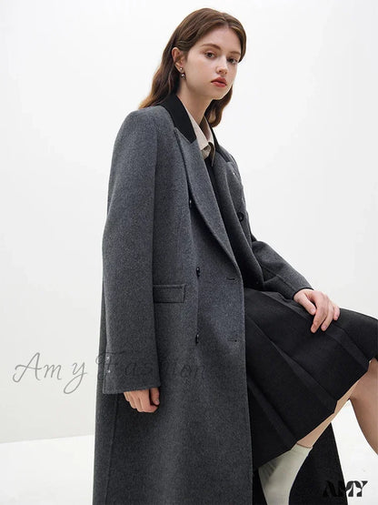 Wool Temperament Dark Grey Front Shoulder Long Notched Collar Double Breasted Female Coat