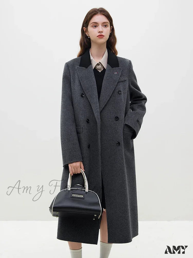 Wool Temperament Dark Grey Front Shoulder Long Notched Collar Double Breasted Female Coat / Xxs