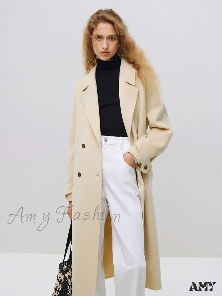 Wool Winter Notched Collar Belt Decoration Long Double Breasted Coat