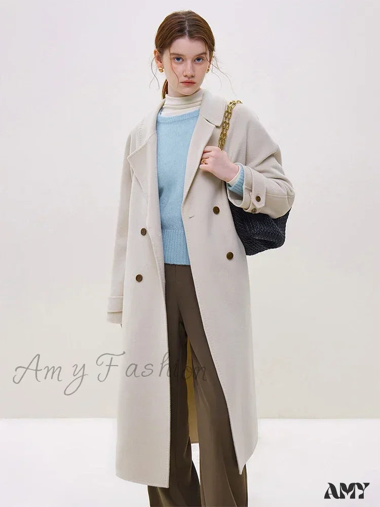 Wool Winter Notched Collar Belt Decoration Long Double Breasted Coat