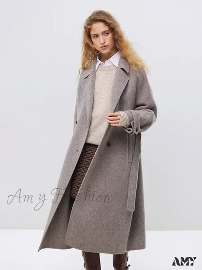 Wool Winter Notched Collar Belt Decoration Long Double Breasted Coat Gray / Xxs