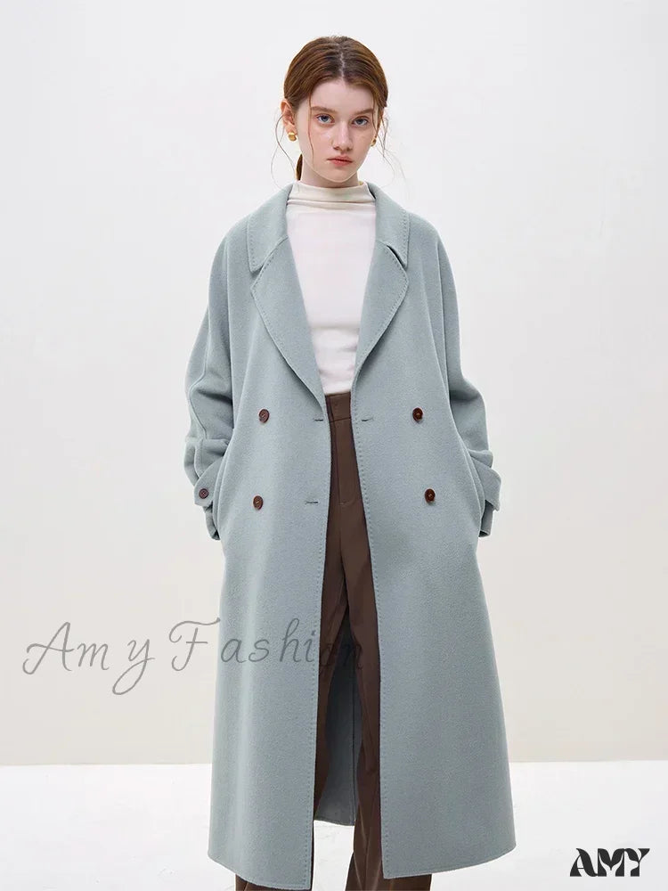 Wool Winter Notched Collar Belt Decoration Long Double Breasted Coat Sky Blue / Xxs